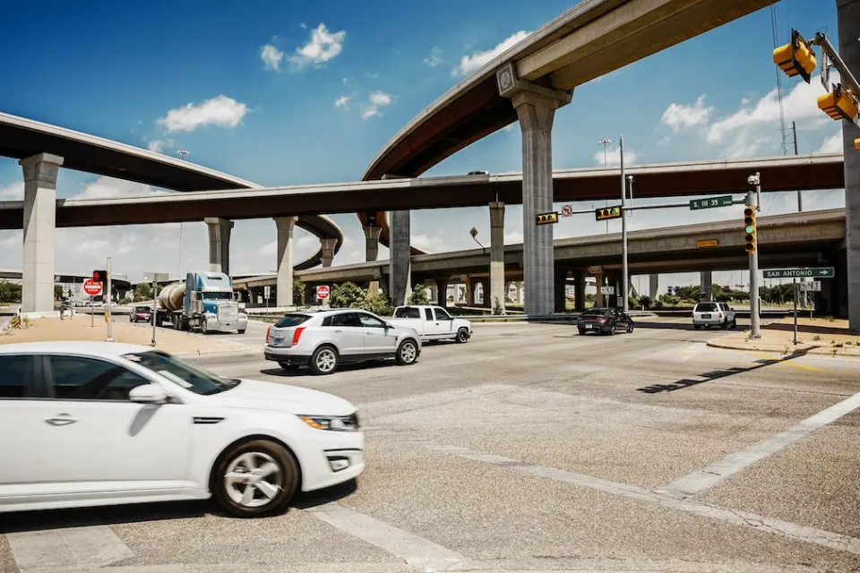Freeway interchange with traffic in Austin, Texas.